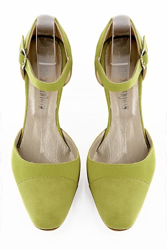 Pistachio green women's open side shoes, with an instep strap. Round toe. High kitten heels. Top view - Florence KOOIJMAN